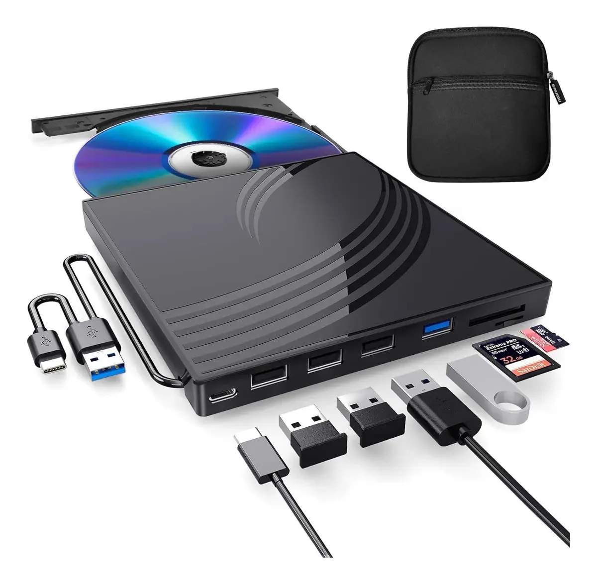 Unidade Externa de CD/DVD para Laptop com Estojo de Transporte, Leitor de DVD para Laptop, Gravador de CD Portátil com 4 Portas USB, 2 Slots para Cartões TF/SD, Leitor e Reprodutor de CD