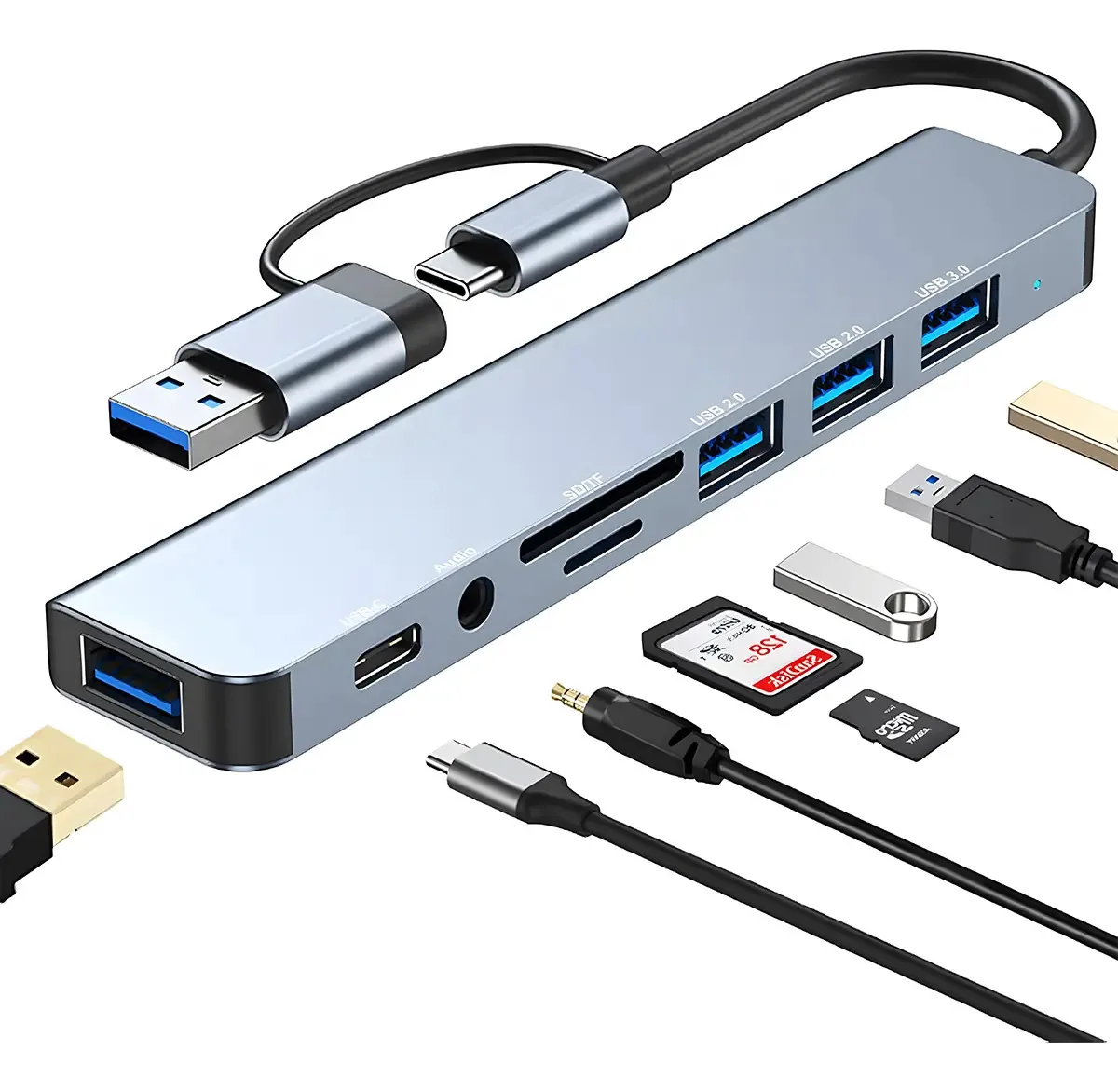 Hub tipo C 8 em 2 Adaptador USB C Multi Port Usb 3.0 Tf Sd