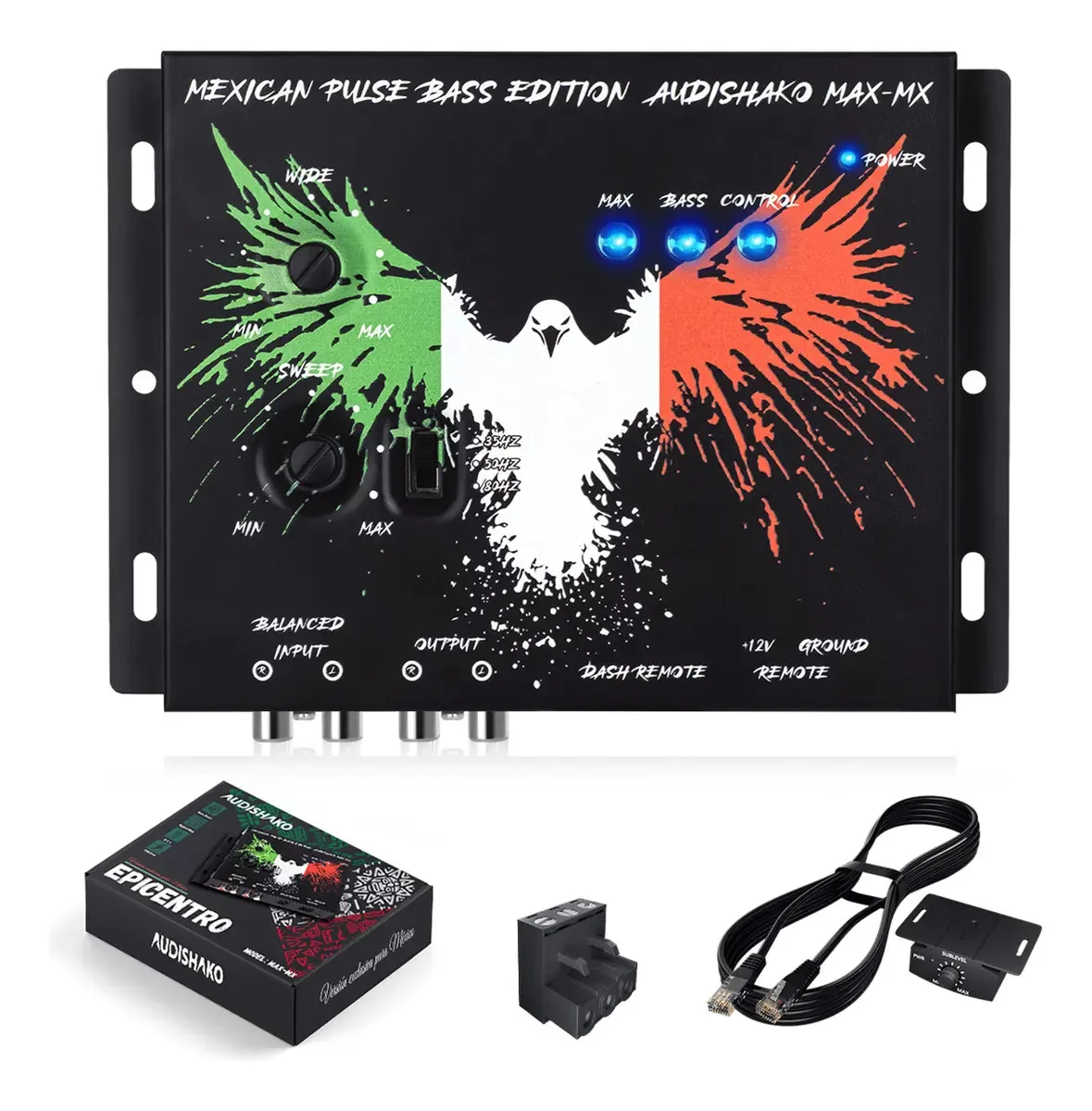 O restaurador de baixo digital Epicentro com luzes equalizadoras de LED para carros, picapes e SUVs inclui controle remoto e acessórios de instalação Audishako Max-MX
