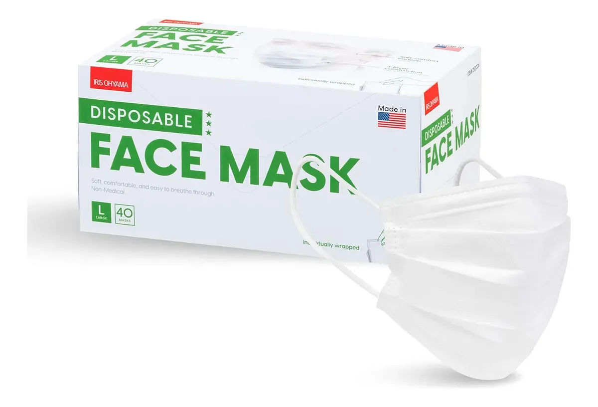 Máscaras faciais descartáveis Iris, fabricadas nos EUA, máscaras faciais de 3 camadas de qualidade premium para adultos, respiráveis e confortáveis, presilhas macias, brancas, pacote com 40