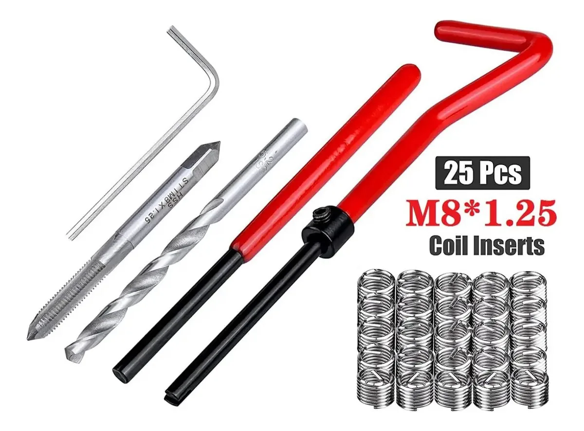 Kit de reparo de rosca M8 x 1,25 mm, kit de reparo de rosca de aço inoxidável, conjunto de ferramentas manuais compatível com bobina helicoidal para reparo de automóveis