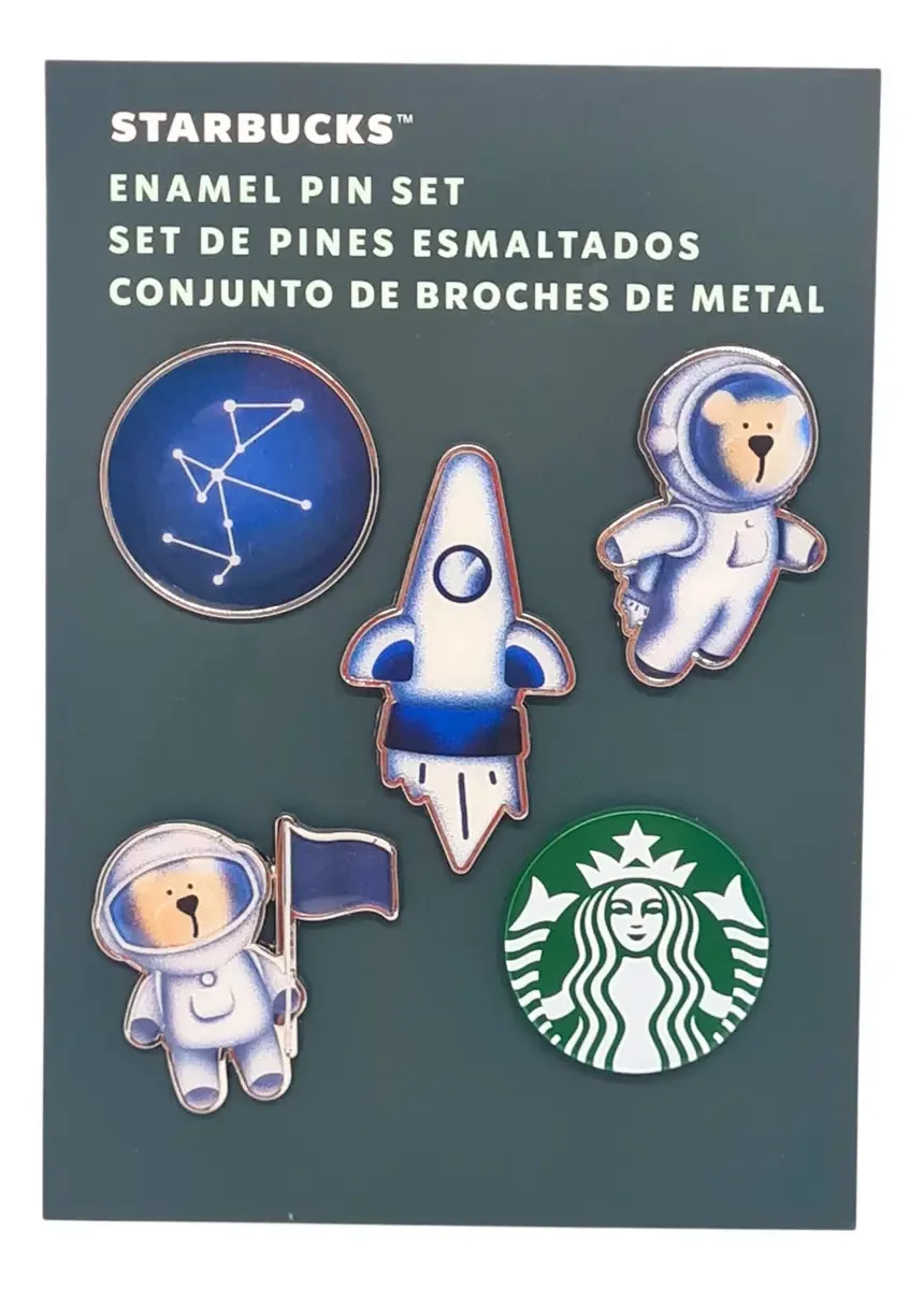 Conjunto de broches Starbucks, broches de urso, astronauta, universo, azul, branco, verde, urso, astronauta