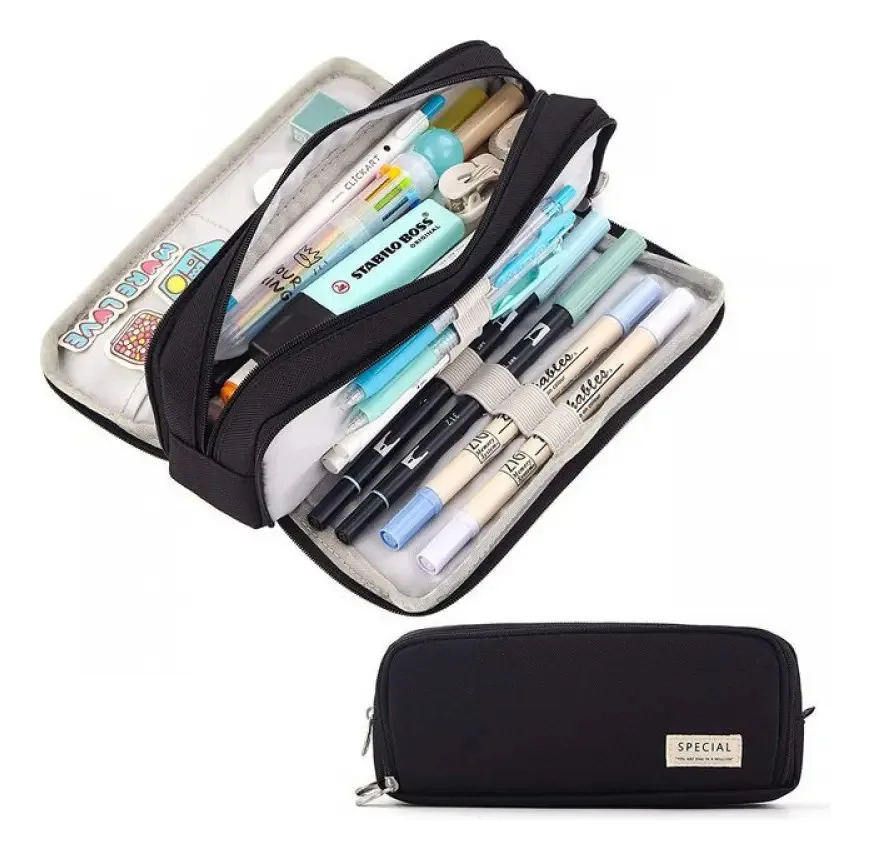 Estojo de lápis de grande capacidade de camada dupla para mochilas escolares pretas