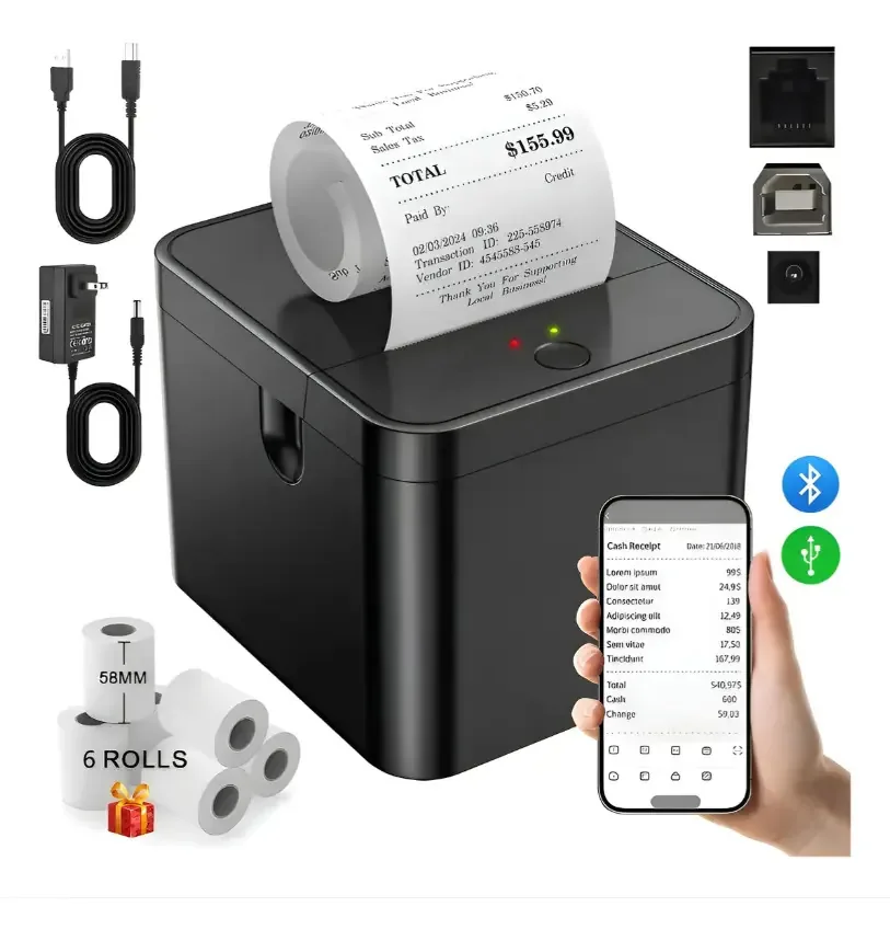 Impressora térmica de recibos de ingressos de 58 mm Bluetooth+USB +5 rolos Somente impressoras são permitidas Impressoras de entrega expressa