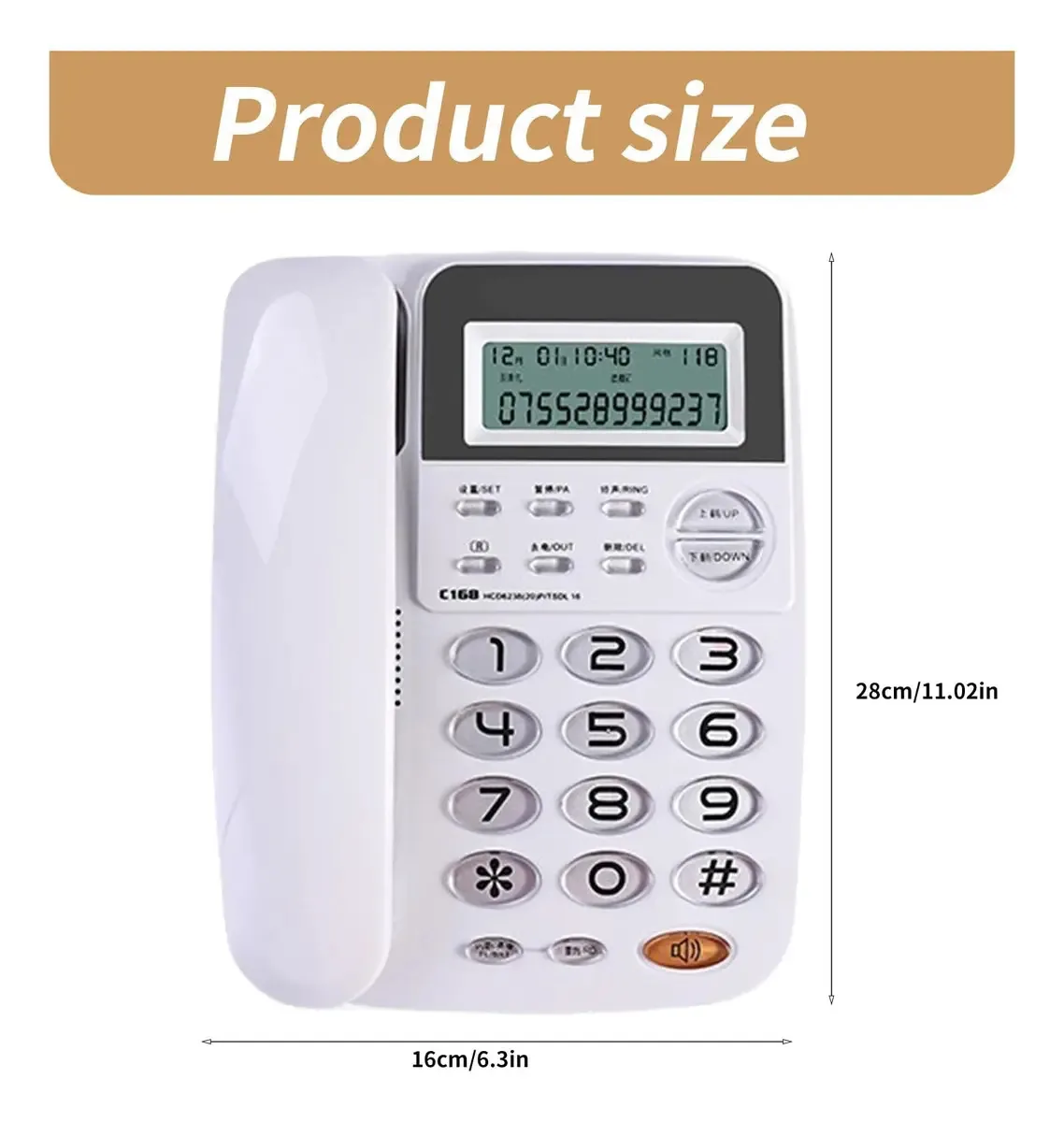 Hiopoiuyt C168 - Escritório, telefone de hotel, linha fixa, sem necessidade de bateria, interface dupla, telefone com fio, 24 toques selecionáveis