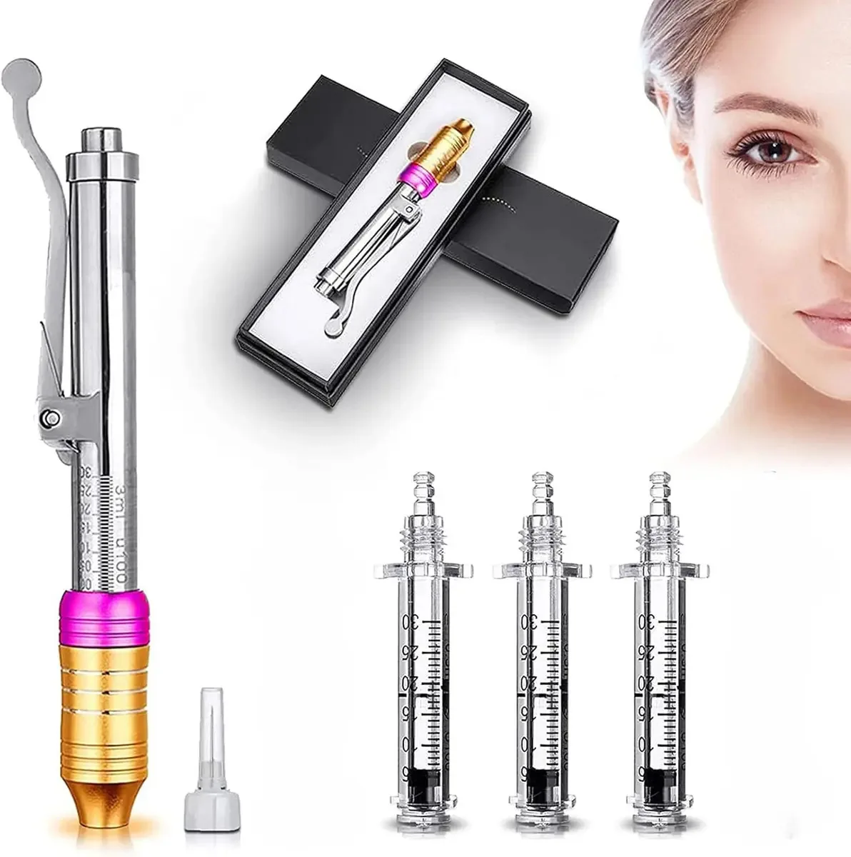 Caneta Hyaluron Pen 0.3, aplicador, 3 seringas, 1 adaptador labial volumizante Beauty Choice
