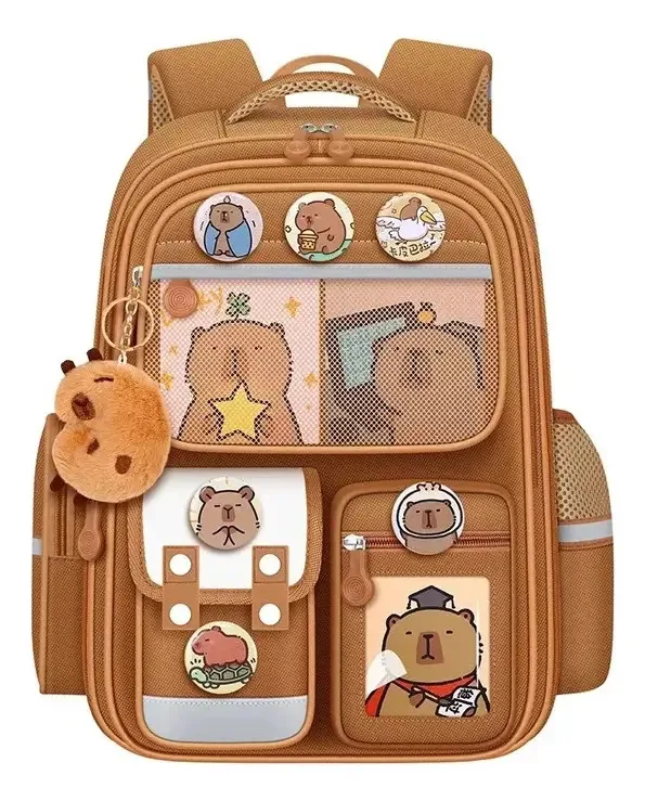 Mochila escolar Capibara Kawaii com acessórios e compartimentos premium, cor marrom