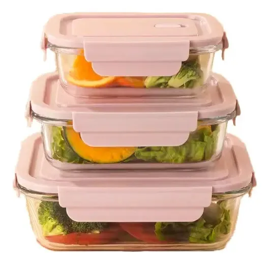 Pacote: 3: Tupper Glass, tampa hermética, recipiente para alimentos, cor rosa