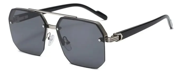 Óculos de sol para pilotos com armações de metal modernas, lentes cinza, preto, haste, prata, moldura