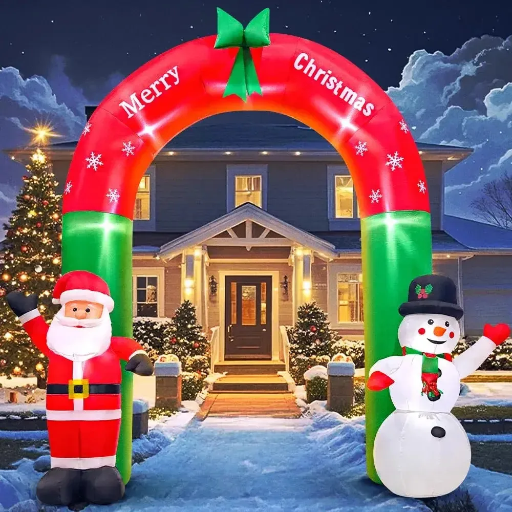 Decoração de Natal inflável de 2,5 m com luz de neve vermelha Natal inflável Natal inflável Papai Noel com movimento de arco inflável Natal