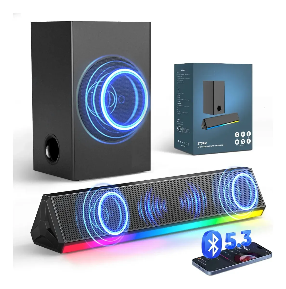 Soundbar GCZ 120W RMS Barra De Som Com Subwoofer, Blutooth 5.3 Home Theater Com Luz Comutável, Conectividade, Ideal para TV/PC 20hz-18khz