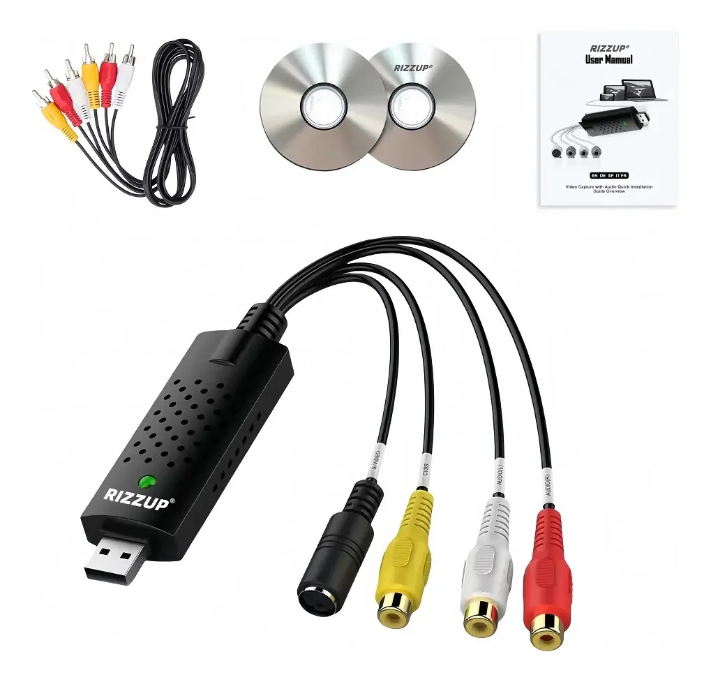 Placa de captura de vídeo Rizzup®: capture o conversor Rca para USB com cabo triplo Rca, 3 entradas e 3 saídas, cassetes de vídeo DVD Rca, sistema de segurança doméstica VHS Rewinder
