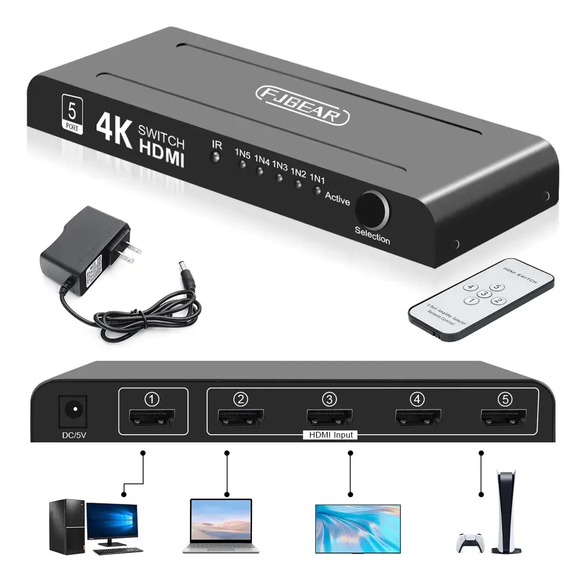 Comutador Gytuiv HDMI 5 entradas, 1 chave seletora, saída 4k, Hdadmite, 4k @60hz, HDR, Dolby Vision, 1080p e 3D-Comutação de sinal de controle remoto