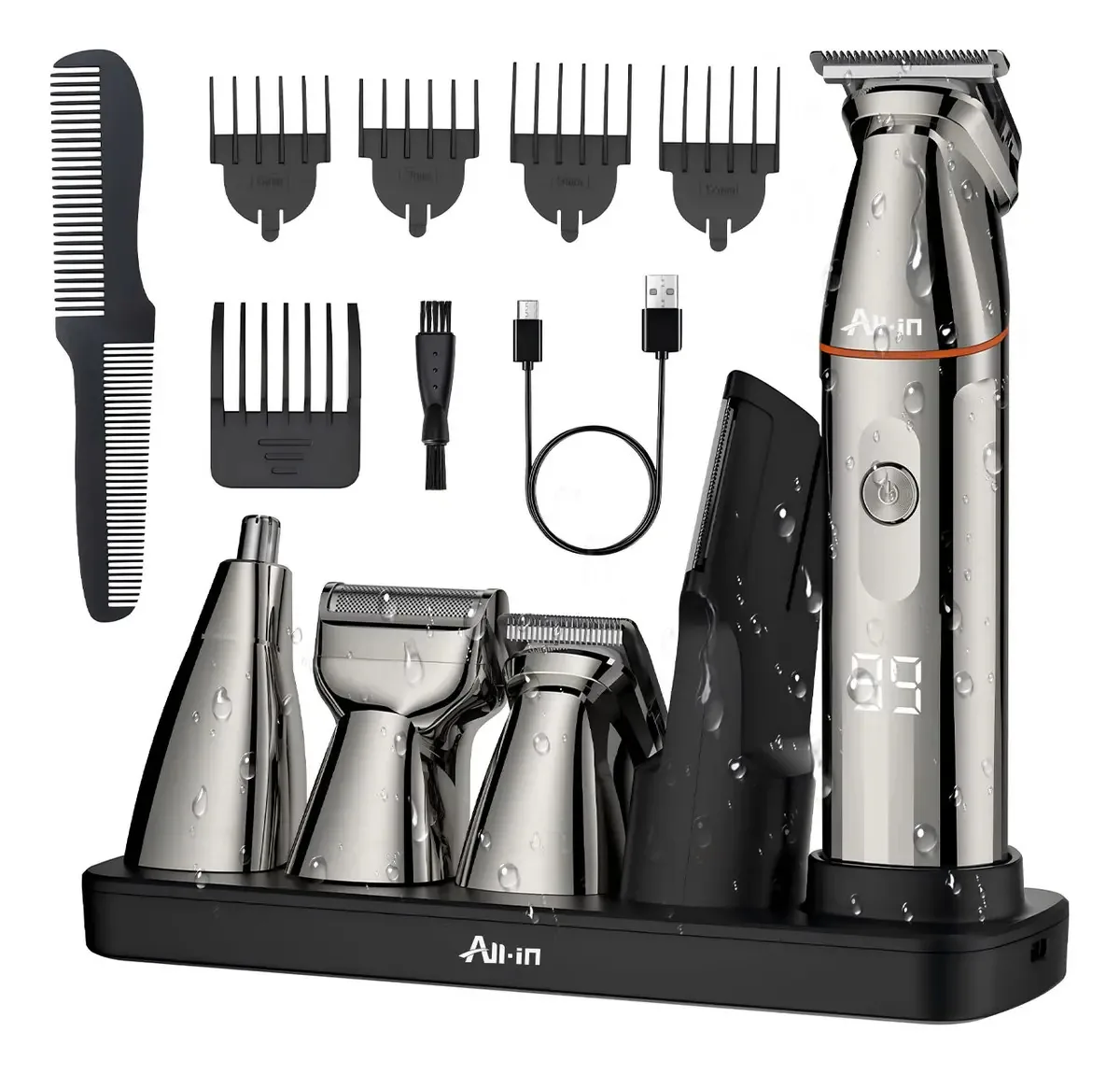 Kit de barbeador elétrico 5 em 1, barba, cabelo, nariz, barbeador corporal, cortador recarregável, cor prata