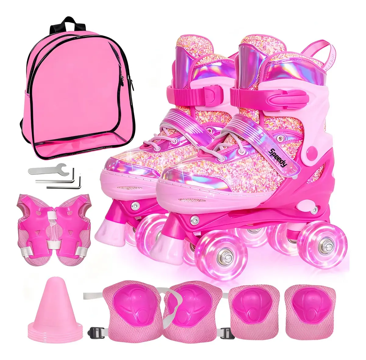 Patins de 4 rodas para meninas ajustáveis com protetores de cone de LED, cor rosa, skate, tamanho M