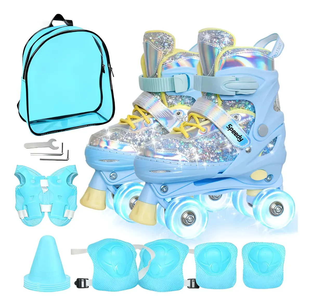 Patins infantis de 4 rodas ajustáveis com proteções de cone de LED, cor azul, aço, skate tamanho S