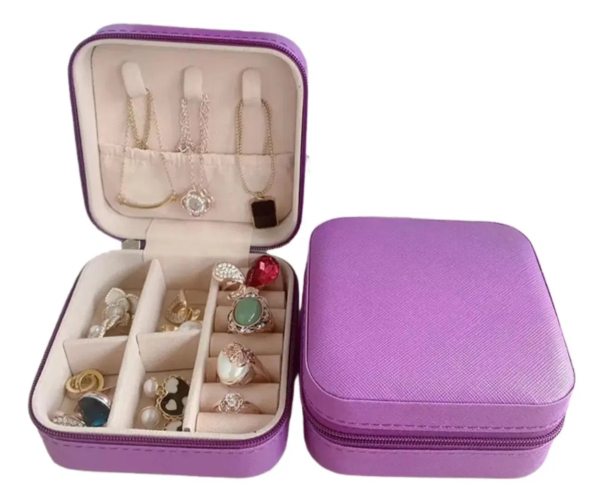 Caixa de joias de viagem portátil de 2 peças para joias e colares violetas