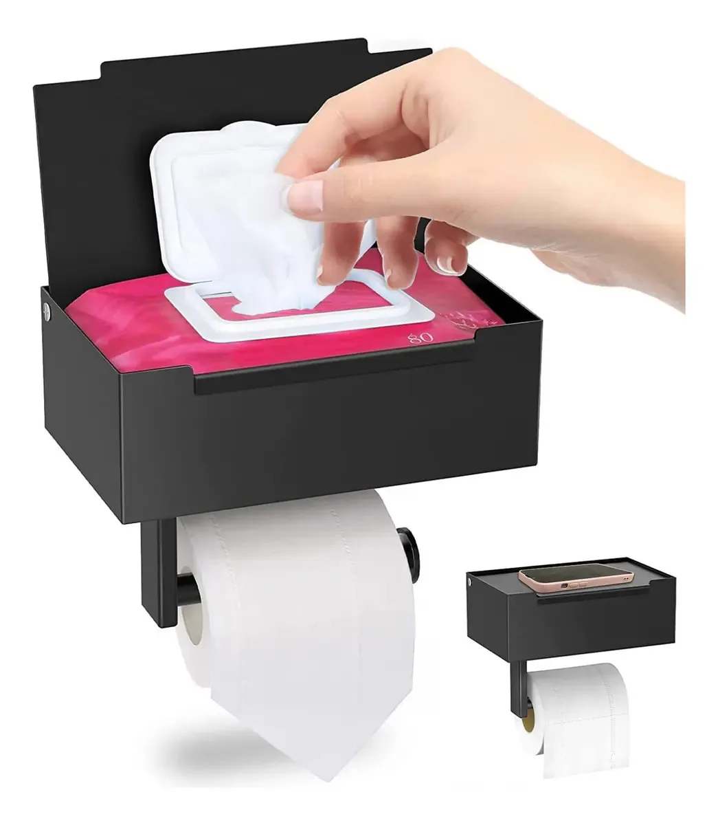Suporte de rolo de papel de banheiro Morovanlaza, suporte de papel higiênico com prateleira, dispensador de lenços descartáveis com prateleiras e armazenamento de banheiro (preto)