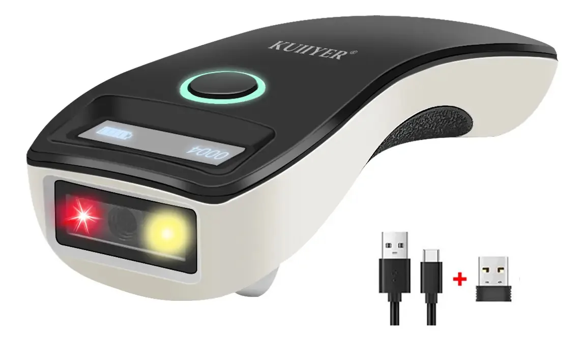 Leitor de código de barras sem fio Kuiiyer E325 Bluetooth 1d/cd QR. Leitor de código de barras Bluetooth sem fio portátil Leitor QR 1d/cd com tela LED de anúncio de voz.