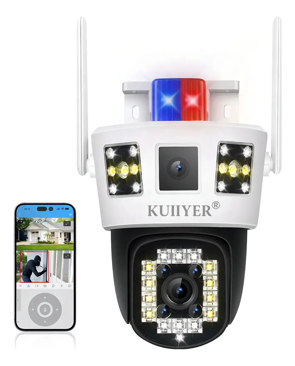 Câmera de segurança WiFi Kuiiyer de 4 MP com visão noturna colorida, 3 lentes e 3 telas, suporta interfone bidirecional