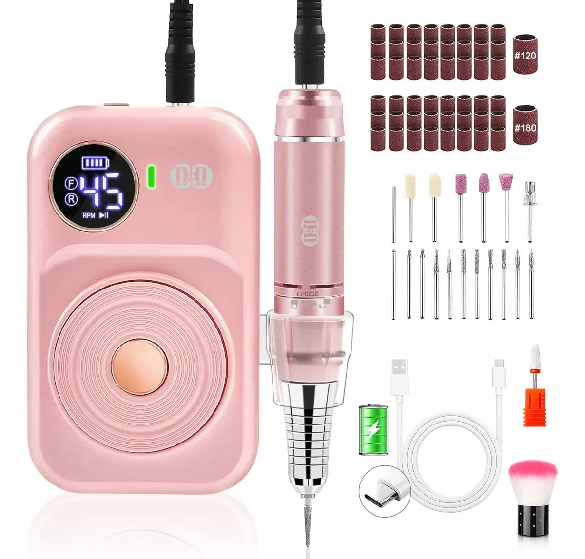 Polidor de unhas de esmeril recarregável Ciicii Dril de 45.000 rpm, polidor de unhas rosa profissional, 2400 mah e equipado com 12 tipos de brocas, pregos profissionais de 36 w