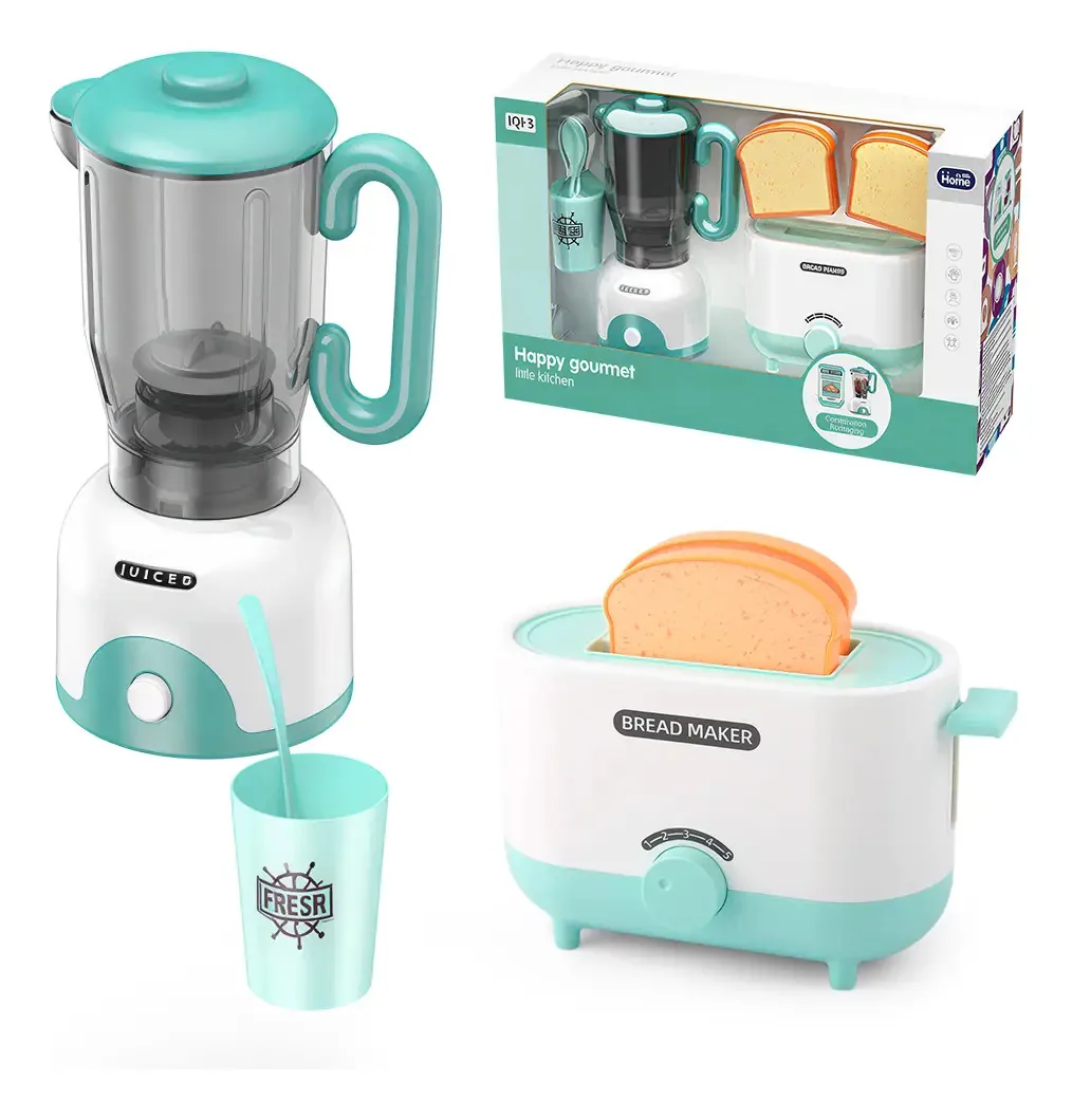 Conjunto de brinquedos para espremedor e torradeira de cozinha, com som e luz azul
