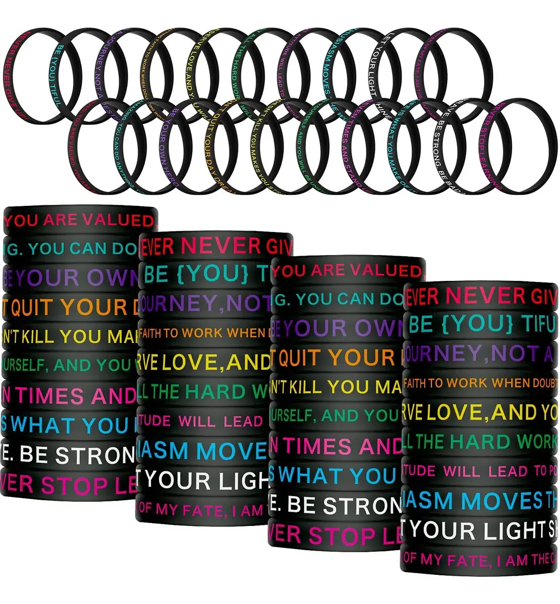 Pulseiras de silicone de 100 peças com citação motivacional Pulseiras de borracha inspiradoras Pulseiras elásticas unissex coloridas, 20 estilos para mulheres e homens (cores escuras, estilo fofo)