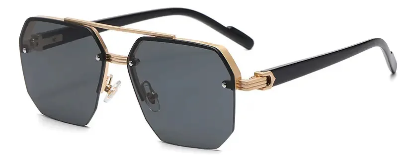 Óculos de sol para pilotos com armações de metal elegantes, lentes cinza, moldura preta, haste dourada