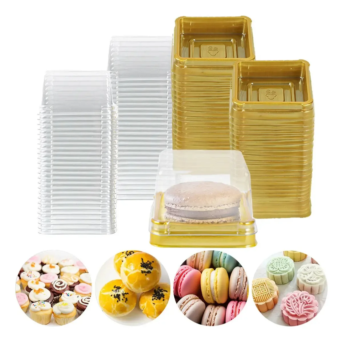50 copos descartáveis transparentes com tampa Square Gold Tart