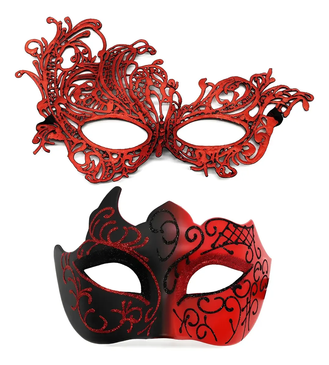 2 máscaras, máscaras de festa, Halloween, casal, carnaval, cosplay, cor vermelha