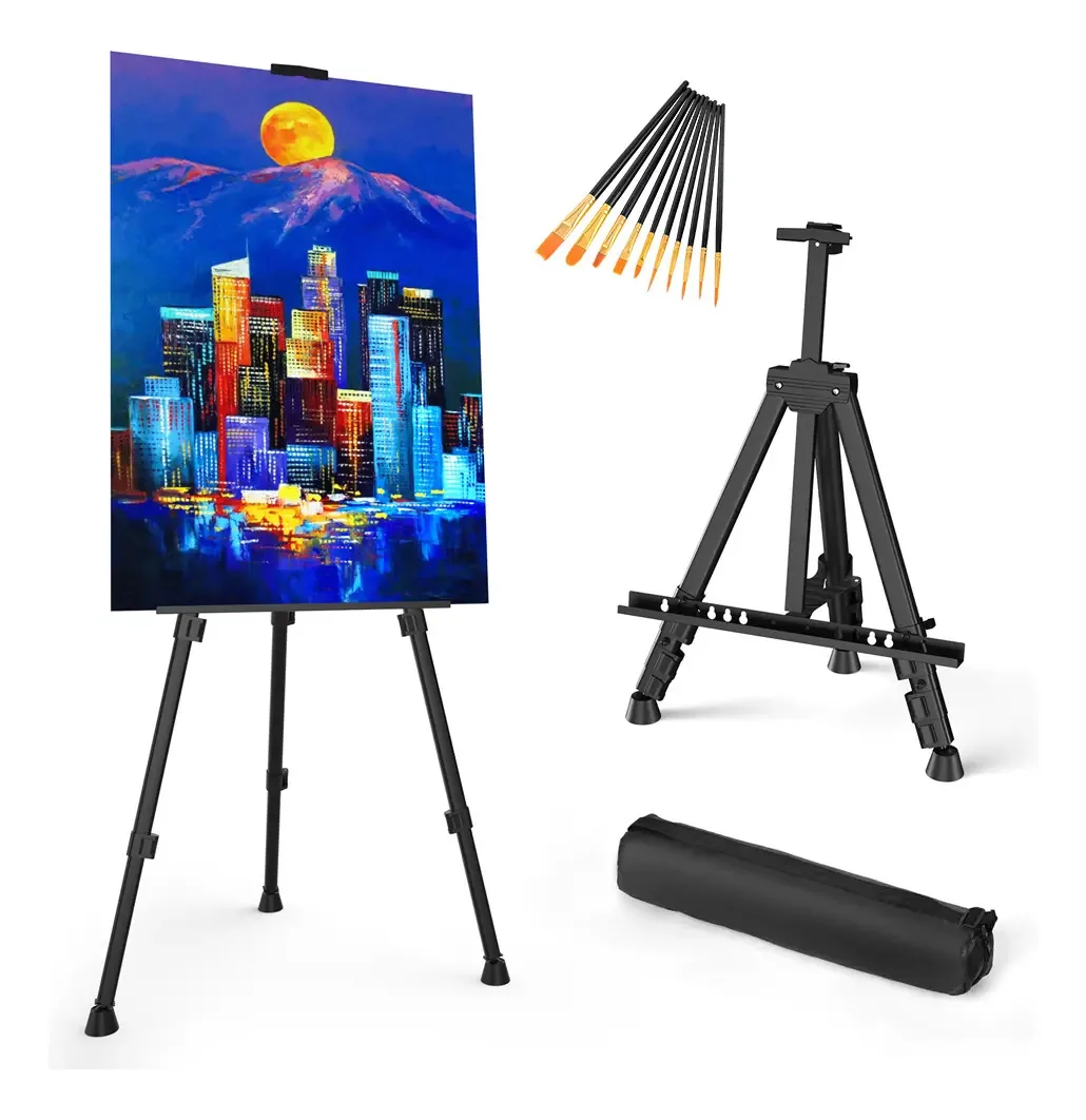 Cavalete de pintura artística portátil ajustável+10 pincéis pretos