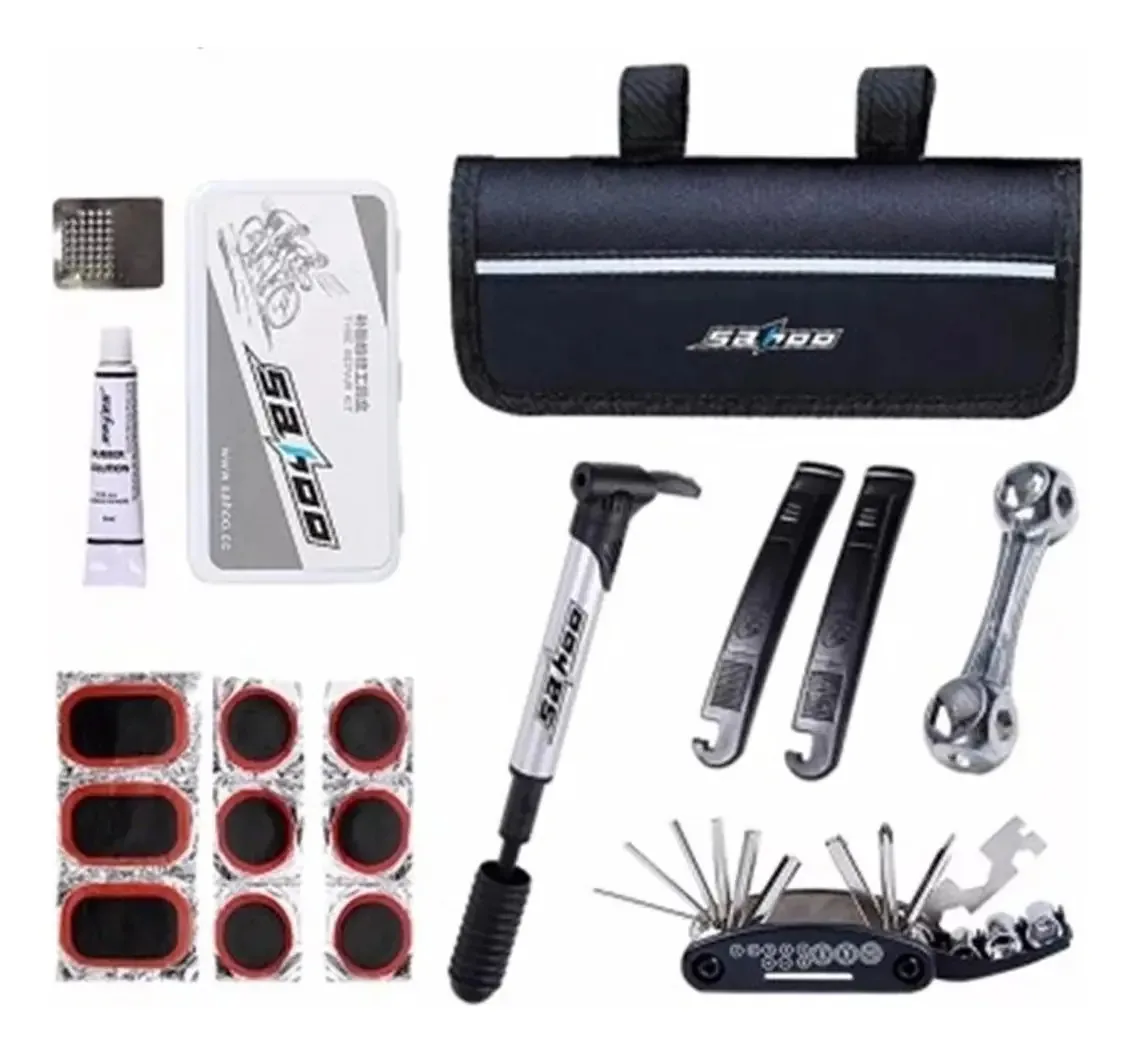 Kit de ferramentas para bicicletas, inflador, adesivos, solução, estojo