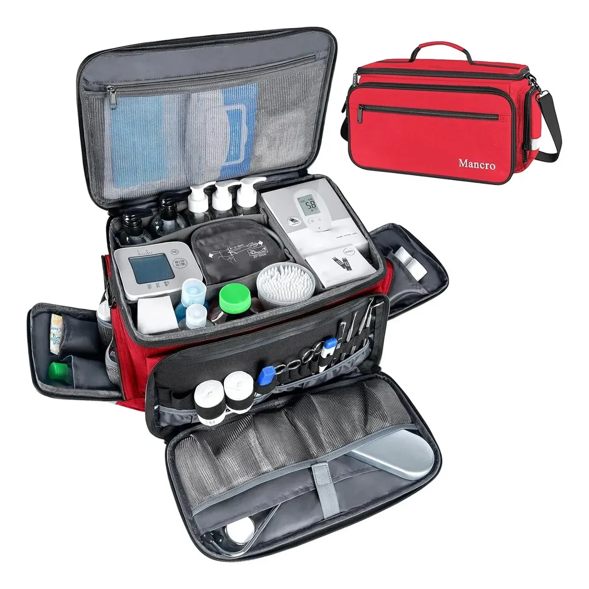 Bolsa De Primeiros Socorros, Profissional Com Múltiplos Compartimentos, Bolsa Médica Portátil Impermeável Com Alça Tiracolo Removível Para Clínicas, Enfermagem E Uso Residencial, Mancro 1232 Vermelha