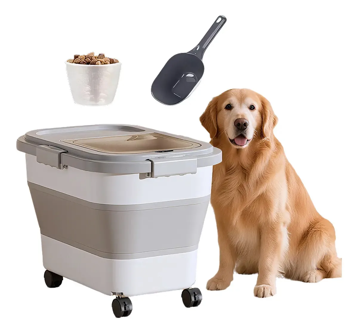 Recipiente para alimentos para animais de estimação com rodas, grande capacidade de 15 kg, cor cinza, com colher e medidor.