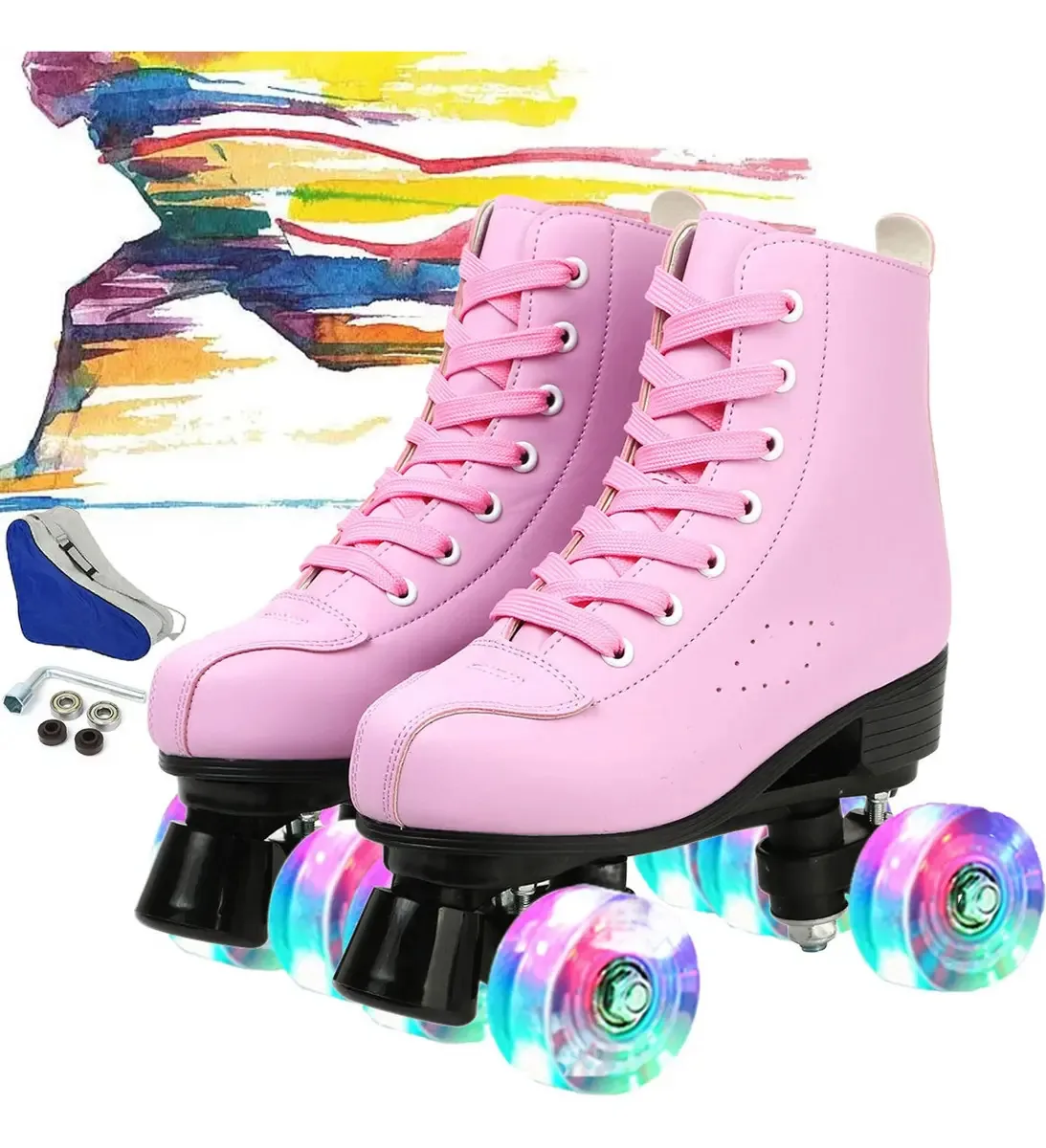 Patins clássicos com freios e 4 rodas luminosas. Skate rosa, tamanho 24, tamanho de roda, 5,8 cm