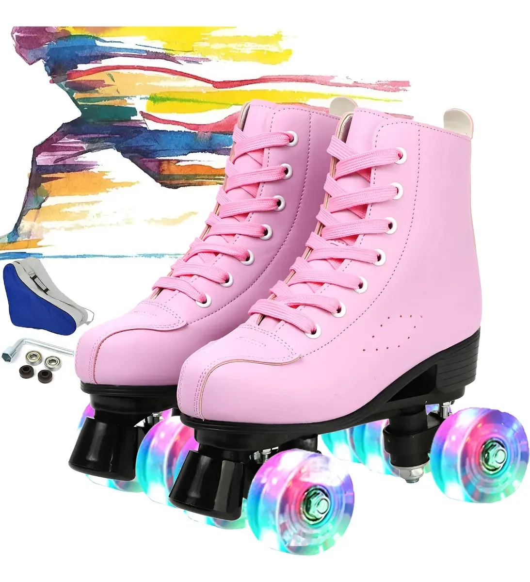 Patins clássicos com freios e 4 rodas luminosas. Skate rosa, tamanho 25, tamanho da roda, 5,8 cm
