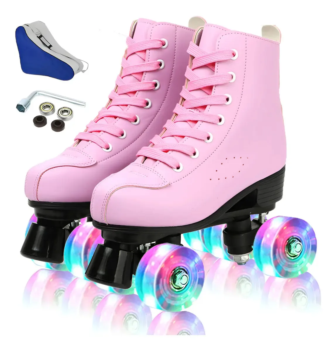 Patins clássicos com freios e 4 rodas luminosas. Skate rosa, tamanho 24, tamanho de roda: 58 mm
