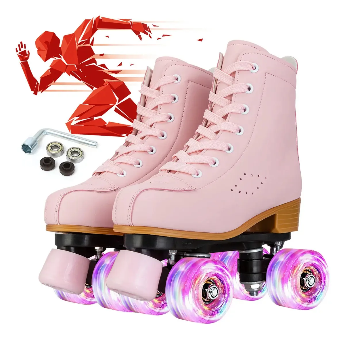Patins clássicos com freios e 4 rodas luminosas cor rosa2 Skate tamanho 23,5 tamanho da roda 5,8 cm