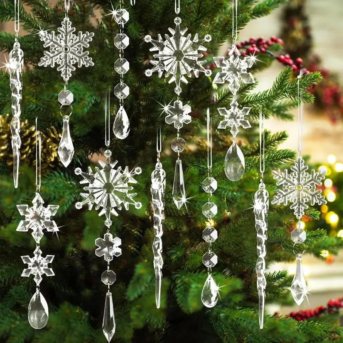 Enfeites de vidro Wtdd 18 para decoração de árvores de Natal, enfeites pendurados em flocos de neve e pingentes de gelo para árvore de Natal, Ano Novo e suprimentos de decoração de festas