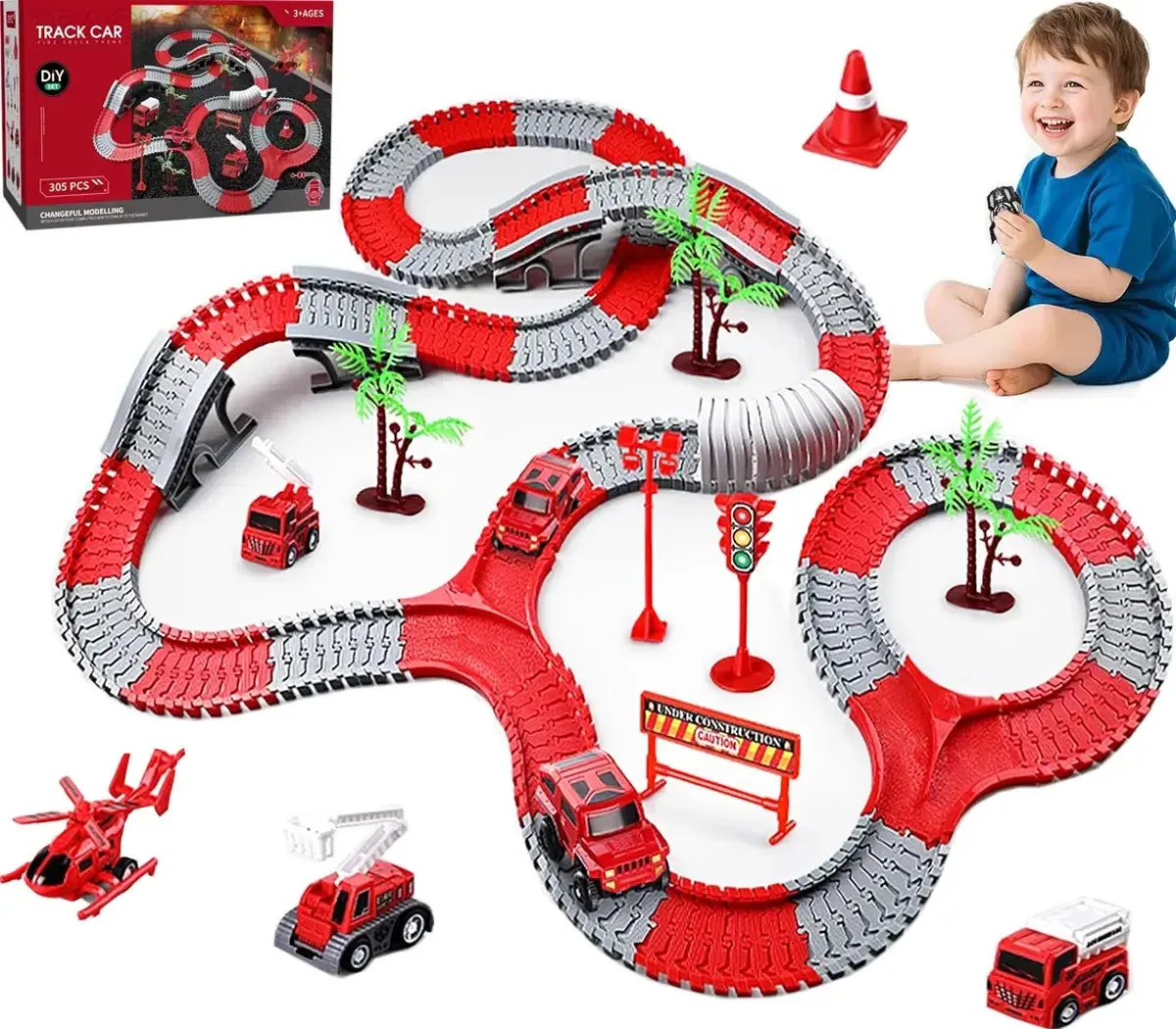 Brinquedos infantis Wtdd, carrinhos de brinquedo, carrinhos de brinquedo de pista para crianças, trilhos flexíveis de 305 peças com 2 carros, 4 miniveículos de bombeiros e acessórios de semáforo,...