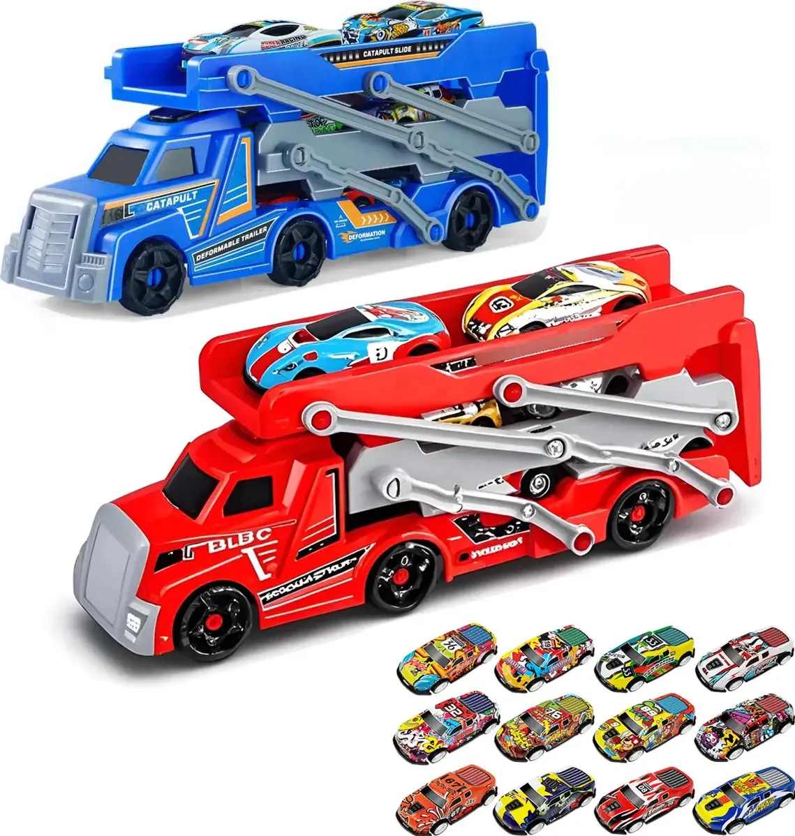 Os carros de brinquedo Wtdd, brinquedos infantis, incluem 2 vagões de armazenamento e 12 carros de brinquedo, veículo de transporte dobrável de 3 camadas, trilhos de carros de brinquedo, caminhão...