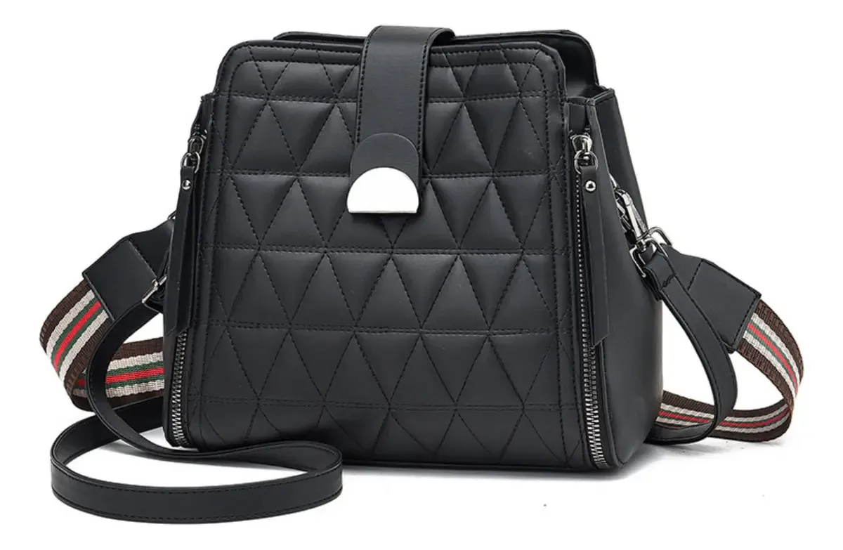 Bolsa de ombro feminina Wallet, triângulos, design de tecido moderno, preta