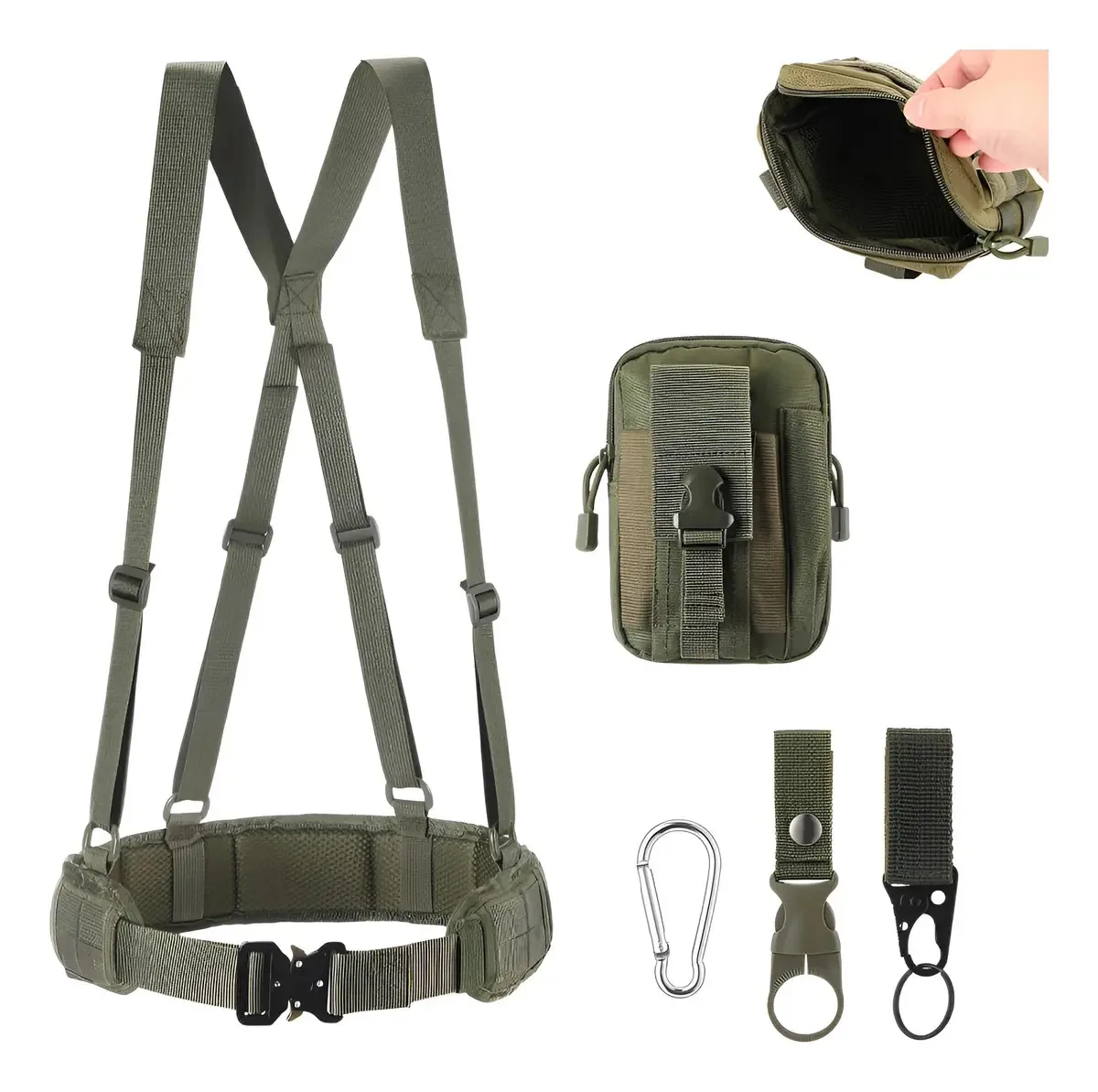 7 peças de acessórios táticos Molle Tactical Belt 125 cm, cor verde, tamanho único