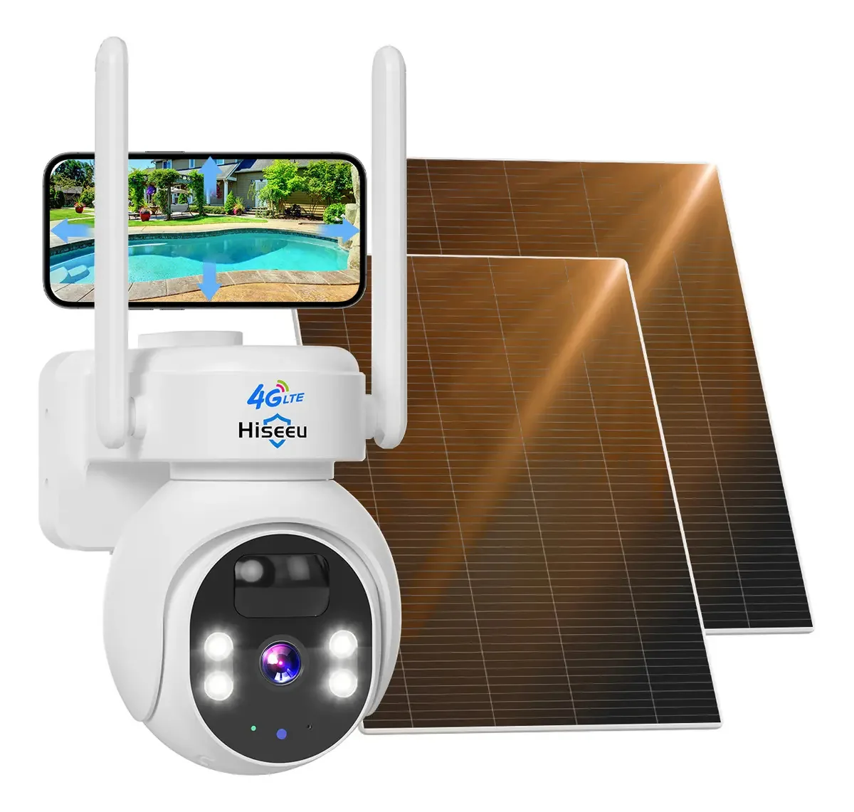 Câmera de segurança solar externa Hiseeu 4G 4G 4MP HD 64g sd full hd com alarme sem fio e 2 painéis solares