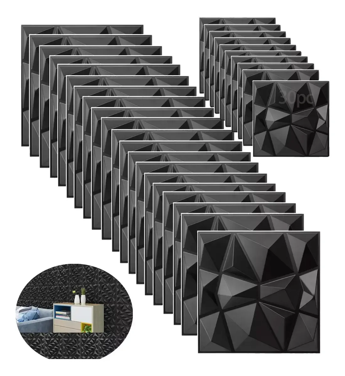 Painéis de parede decorativos em 3D, 30 peças, 30 cm x 30 cm, cor preta
