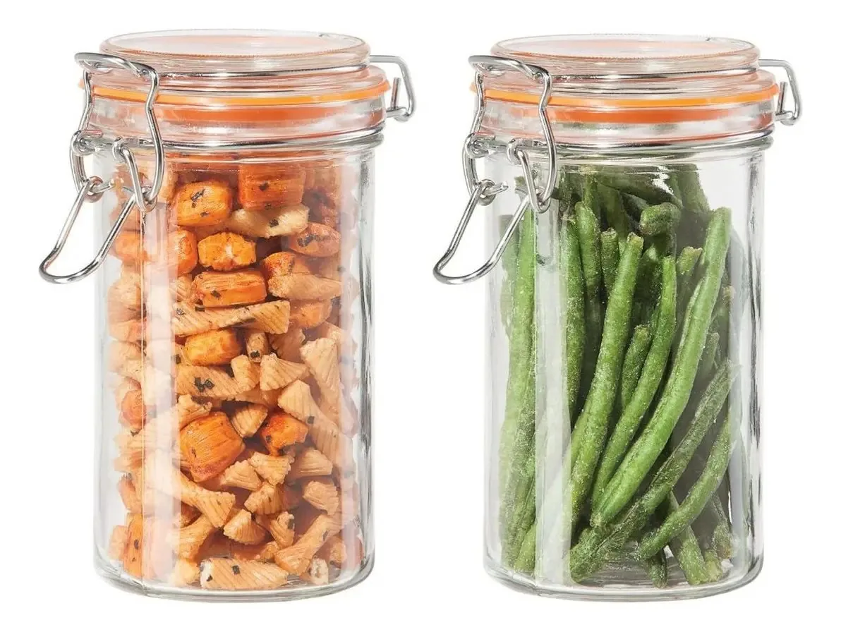 2 peças. Recipiente hermético: 3 frascos de vidro com tampas e