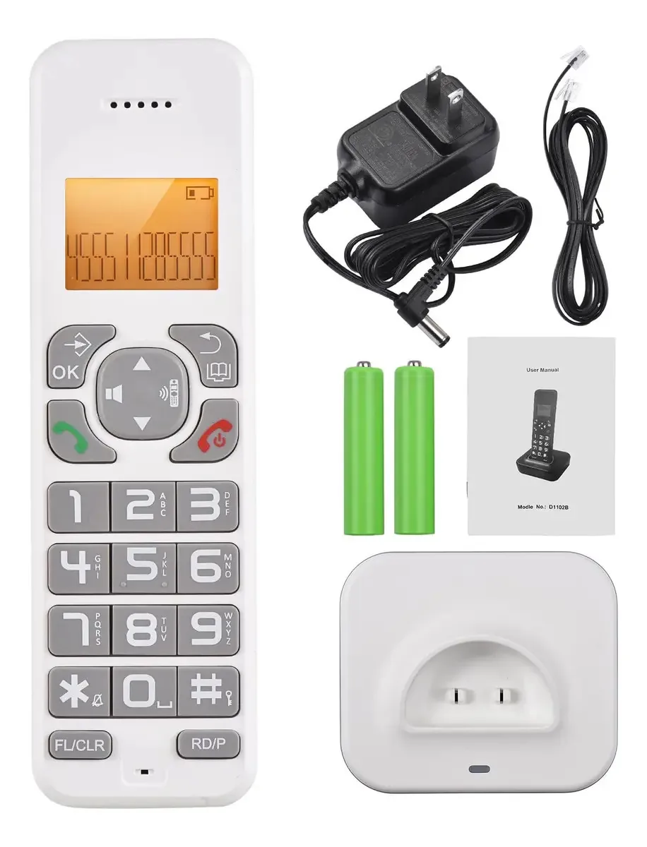 Telefone sem fio Saante D1102b, identificador de chamadas/chamada em espera, tela LCD retroiluminada de 1,6 polegadas, tela de 3 linhas, baterias recarregáveis compatíveis com 16 idiomas