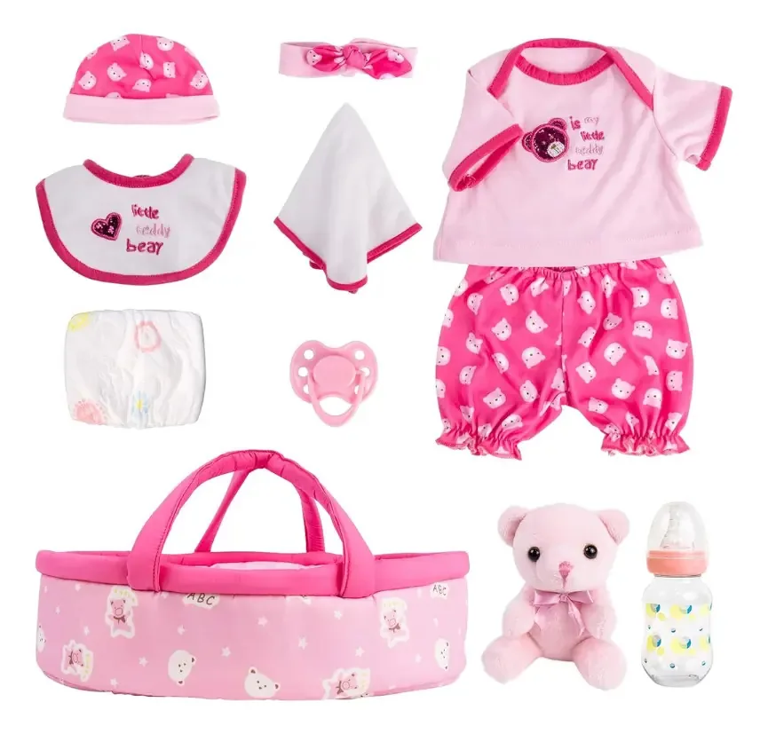 Roupas de bebê Reborn com berço e acessórios rosa