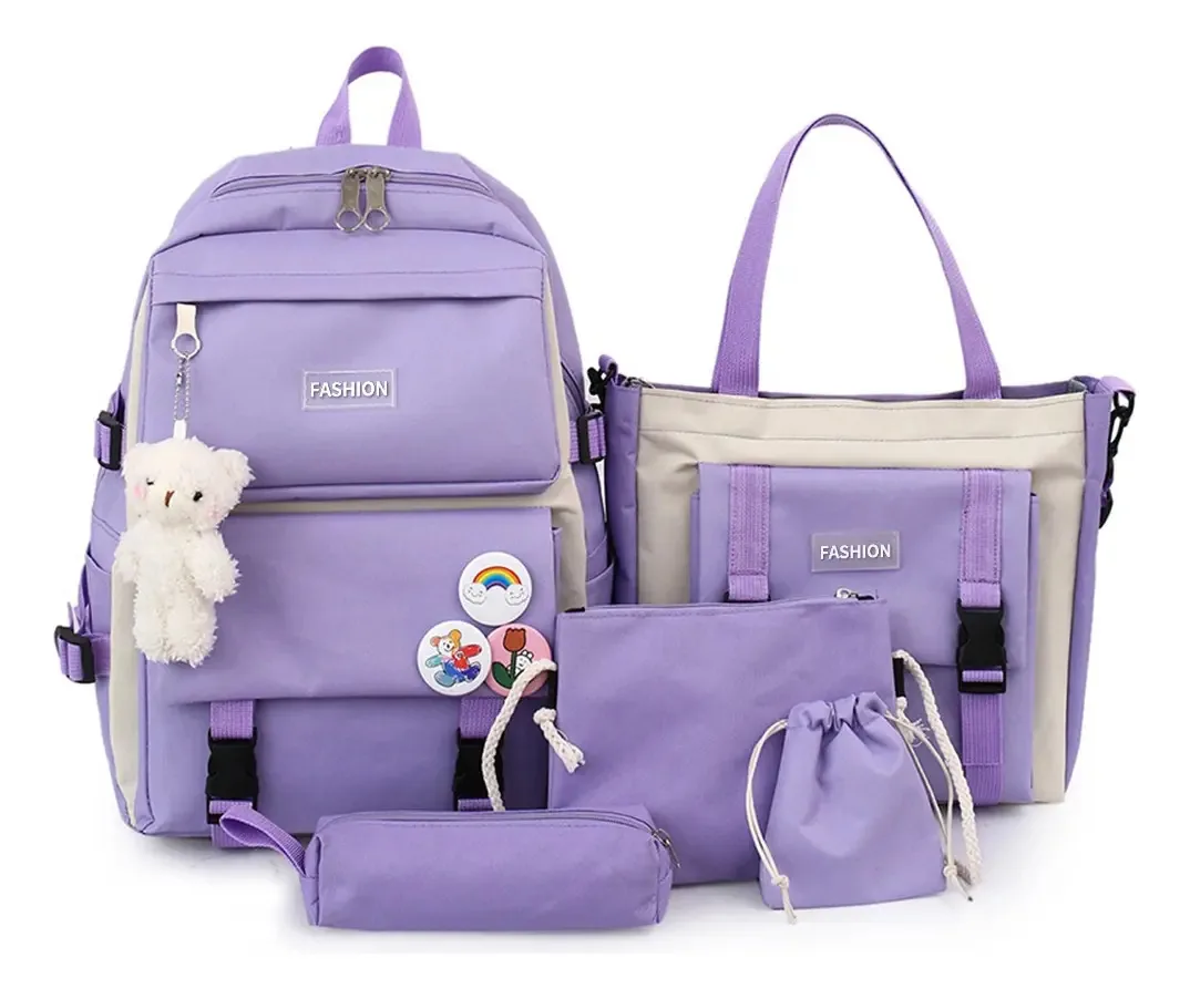Nanwei Sophia Conjunto de 5 mochilas, mochilas escolares, estudante, caneta, sacola, lona, roxa 30 L