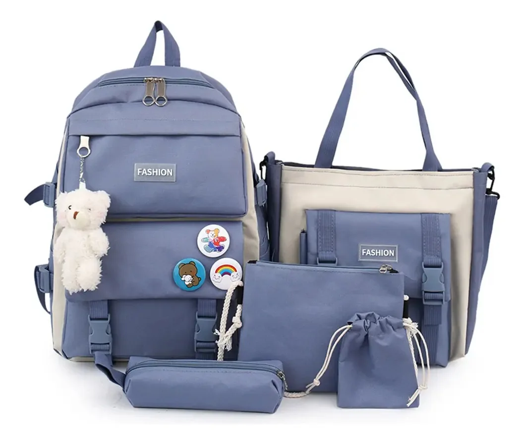 Conjunto de 5 mochilas, mochilas escolares, estudante, caneta, sacola, lona, cor azul